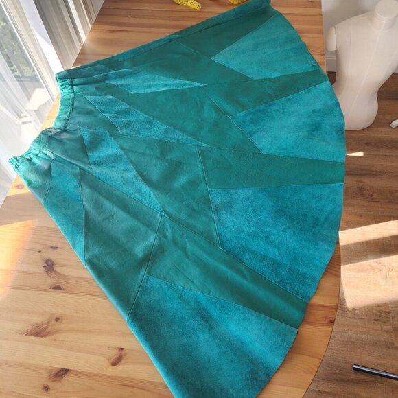 Vintage Green Leather Suede Midi Skirt Unique Geometric Artsy Fits M? SEE NOTE - Picture 5 of 11